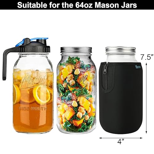 Beautyflier 64oz Wide Mouth Mason Jar Blackout Sleeve, Clear Glass, 2 Quart Insulator, Black (4PCS)